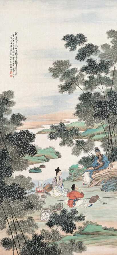 彭旸 癸亥(1923)年作 烹茶教子图 立轴